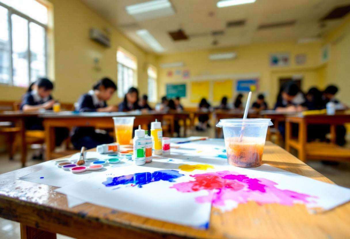 Watercolor paints in bright tubes scattered across a wooden desk surface