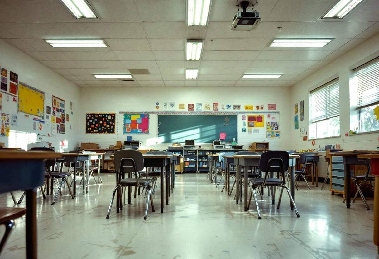 Empty plastic chairs pushed aside on scuffed vinyl tile floor in a modest US public-school classroom with off-white pain
