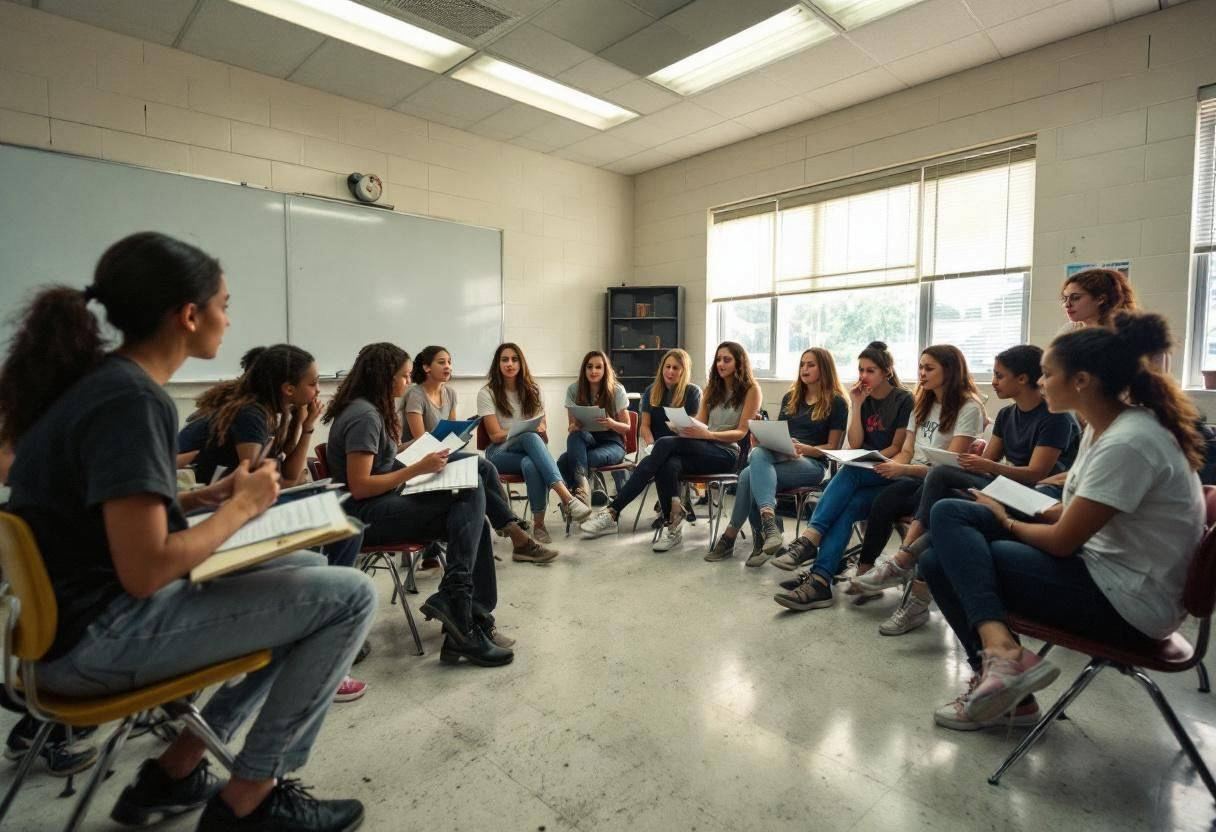 Lanky fourteen to seventeen-year-old high school students in casual t-shirts and jeans arranged around their teacher pra