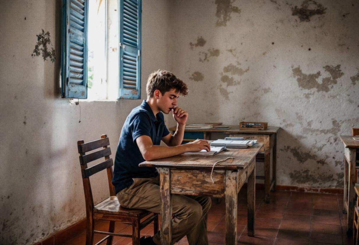 Lanky sixteen-year-old in navy polo shirt and khaki trousers sits at weathered wooden desk