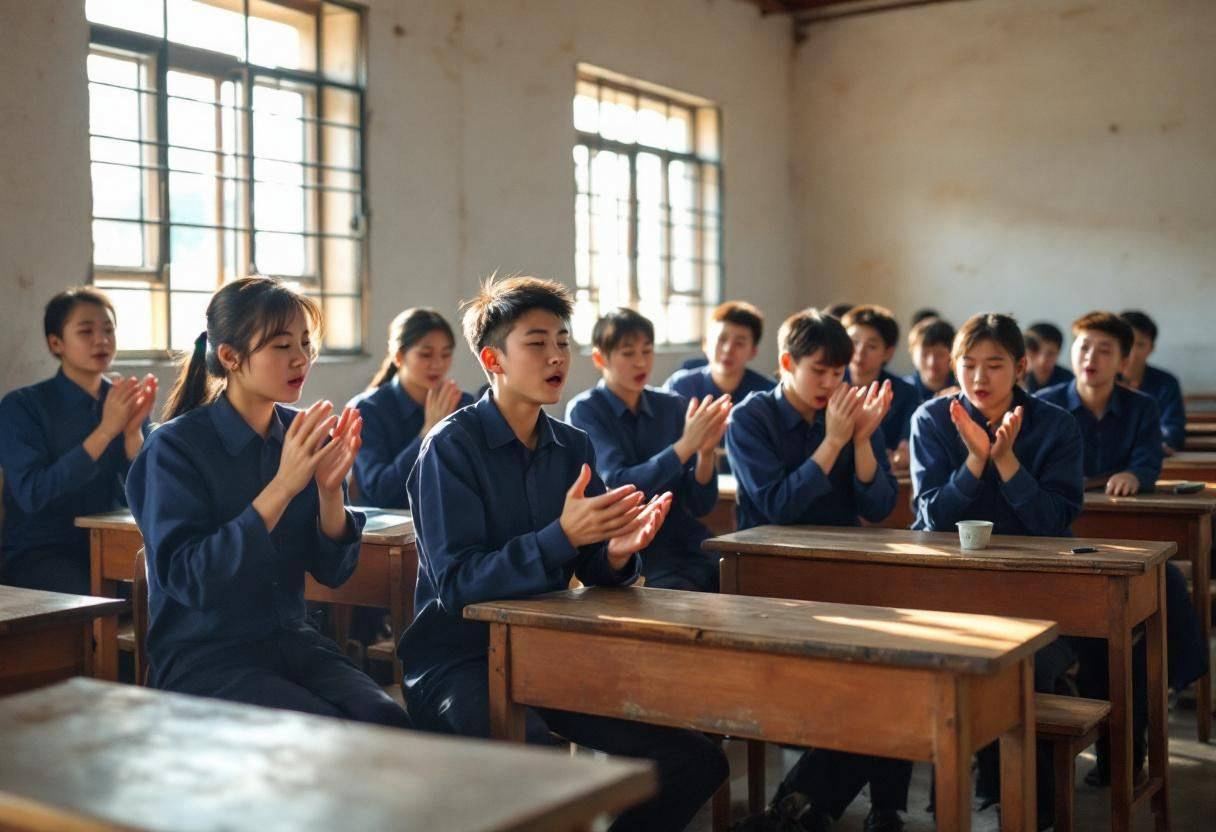 Lanky fourteen to seventeen year old Chinese high school students in navy blue uniform shirts and dark trousers seated o