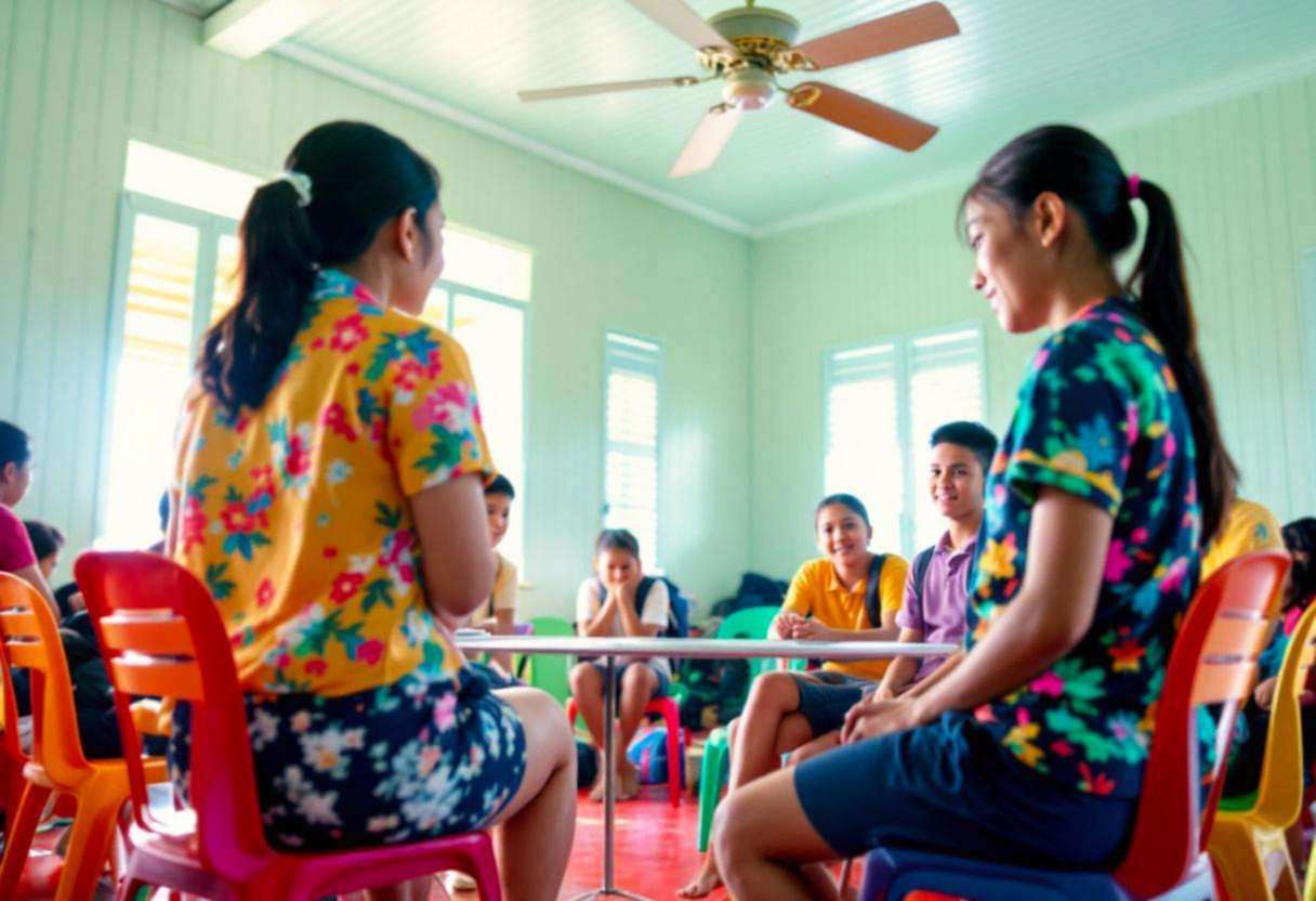 A Filipino teacher in a bright floral blouse seen from behind leading preteens ages 10 to 13 in colorful cotton polo shi