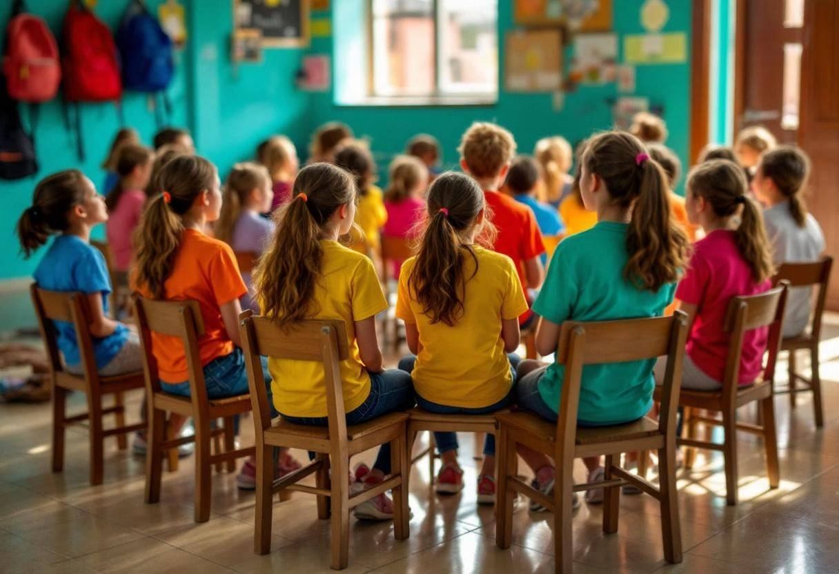 Preteens ages 10-13 in colorful cotton t-shirts and casual pants sitting on small wooden chairs during music lesson