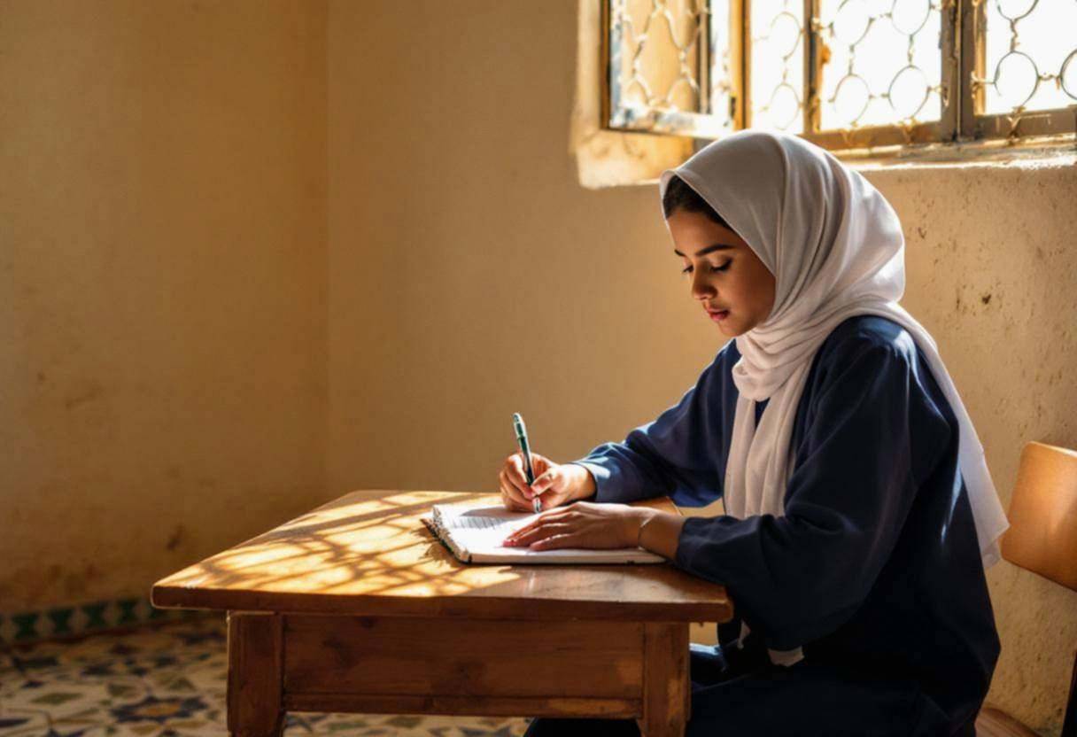 One preteen girl around age 11 in a navy blue school tunic and white headscarf