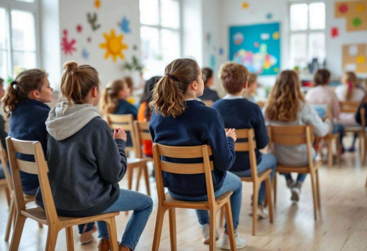 Preteens ages 10 to 13 in navy sweaters and jeans seated on mismatched wooden chairs