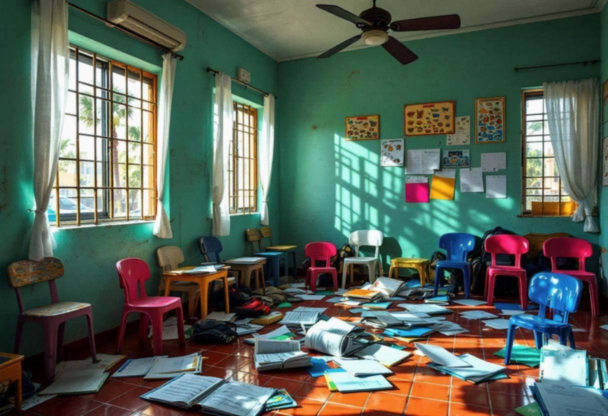 Music sheets and colorful notebooks scattered across a jade-green painted concrete wall corner of the classroom