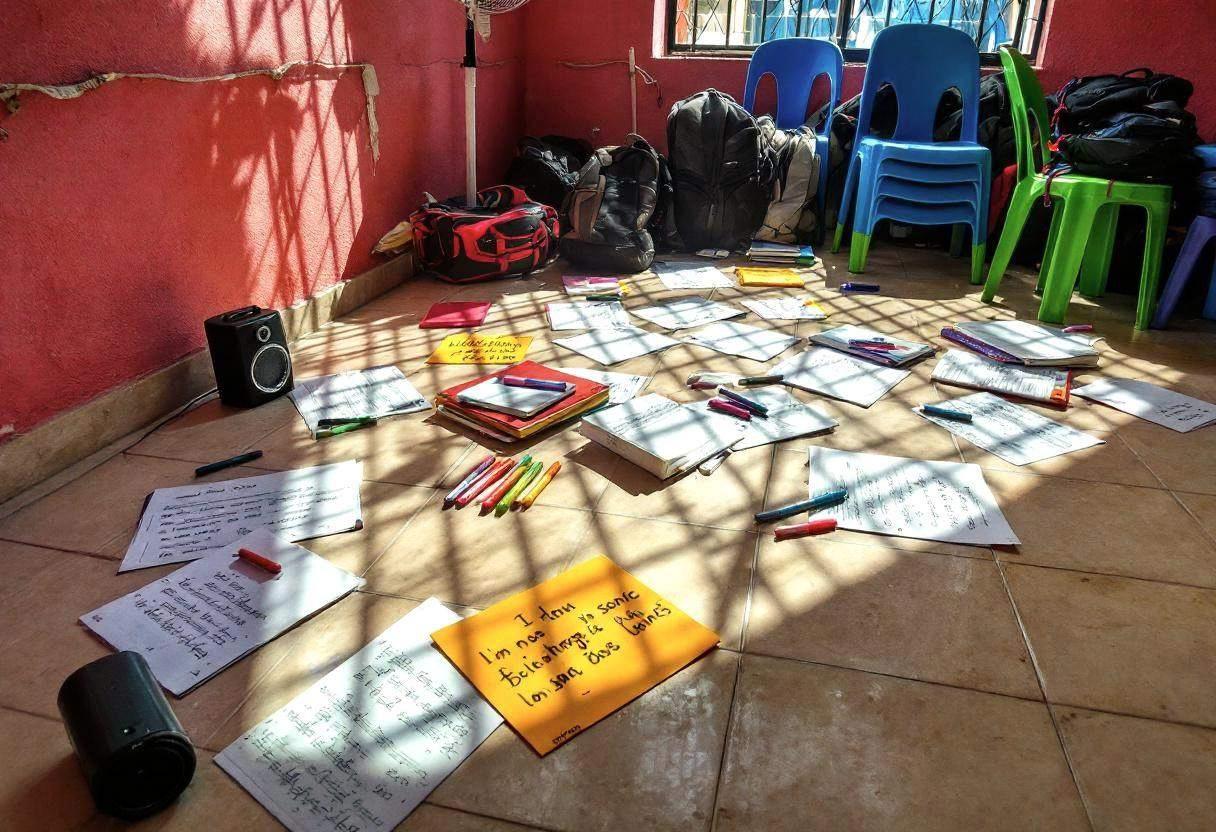 Music sheets and handwritten song lyrics scattered across a cream ceramic-tile floor alongside colorful markers