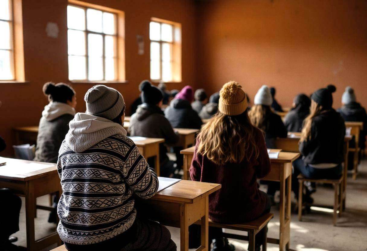 Lanky teenagers ages 14 to 17 in thick wool sweaters and knit caps performing readers theater scenes about gender equali