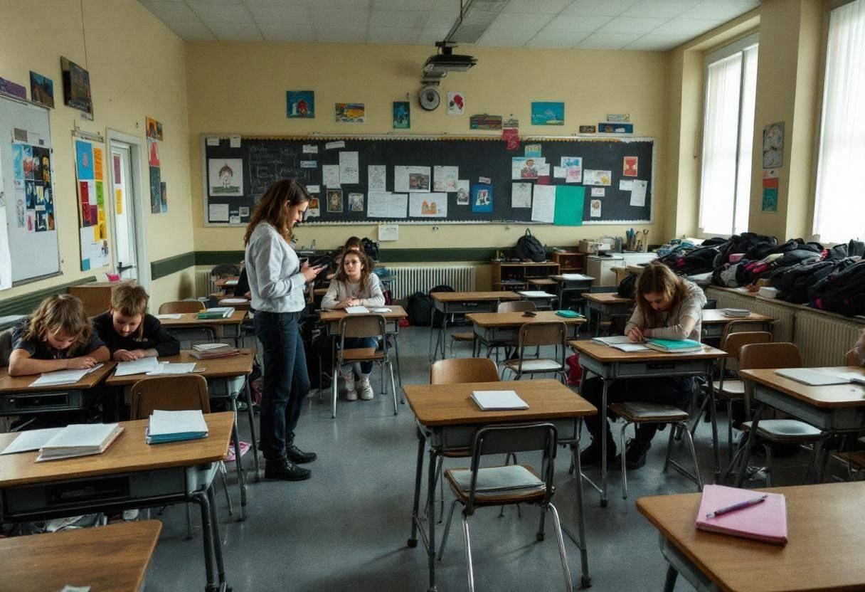 Drama scripts and notebooks scattered across wooden desks in a small-town Canadian high school classroom with pale yello