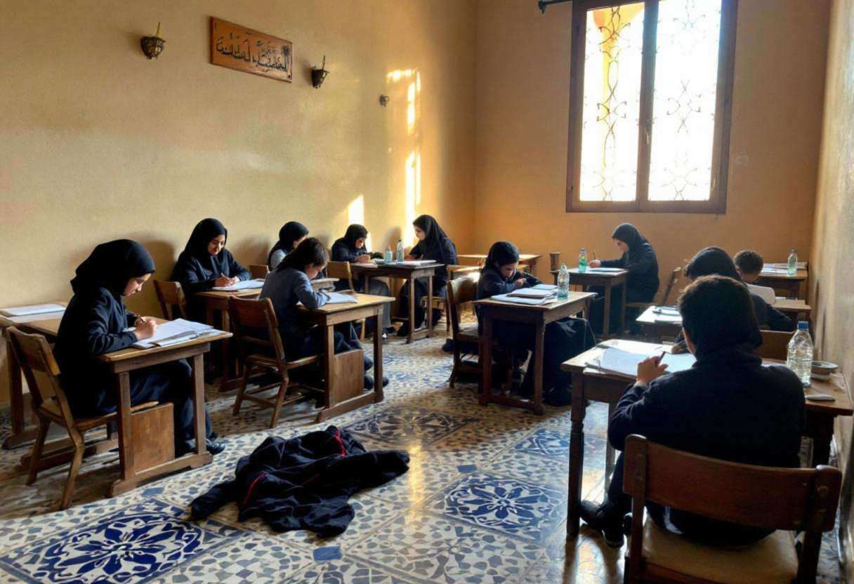 Scripts and notebooks scattered across patterned ceramic tiles beside wooden chairs