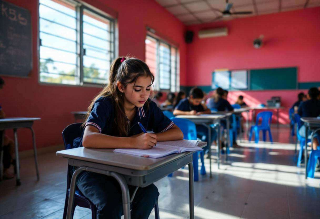 Lanky fifteen-year-old girl in navy school polo and dark trousers hunched over notebook writing dialogue script at plast