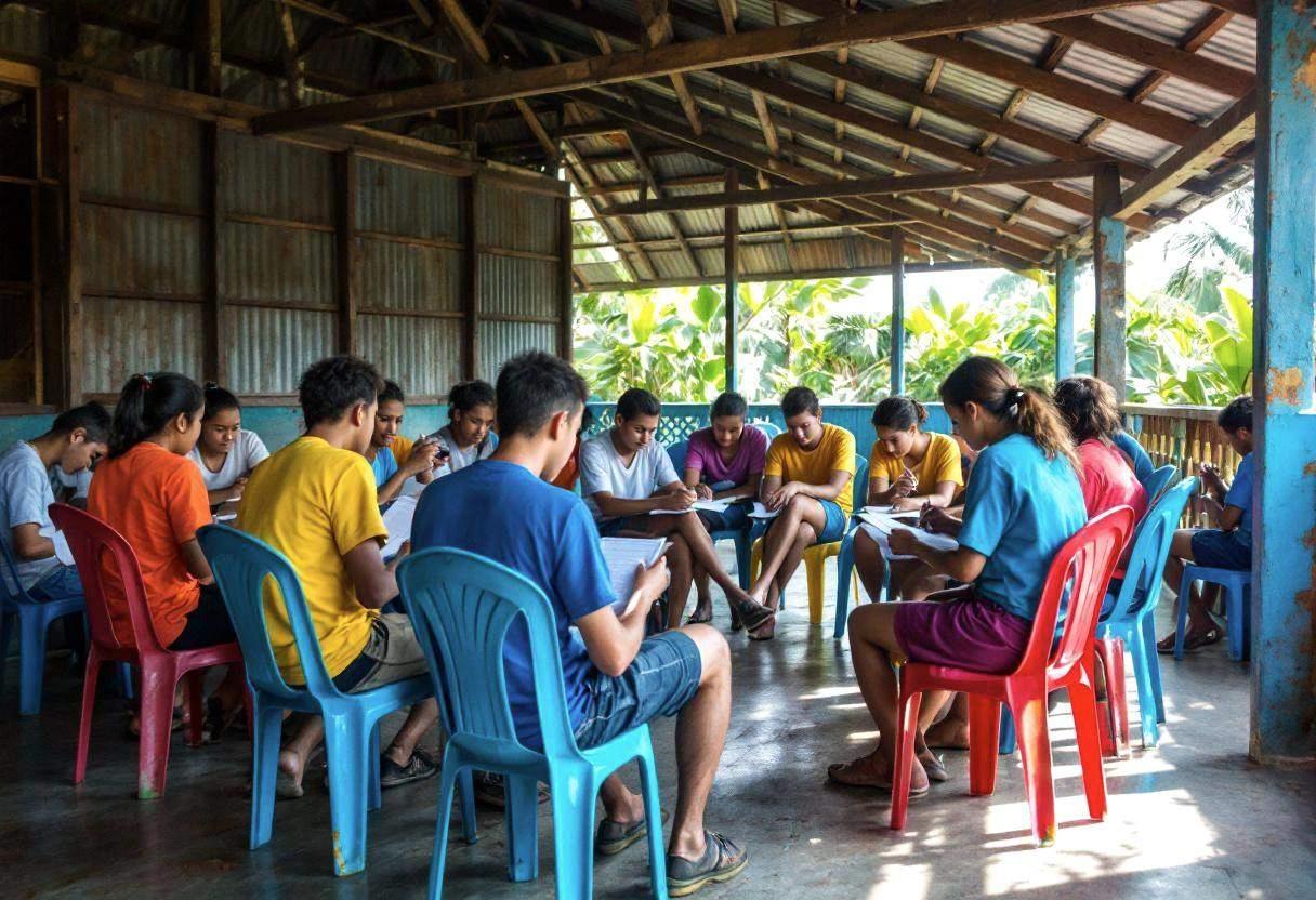 Lanky fourteen to seventeen-year-old high school students in colorful cotton t-shirts and long shorts seated on mixed pl