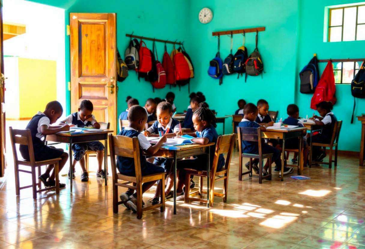 Creative writing notebooks and pens scattered across small wooden child-sized chairs in a Haitian classroom with vivid t