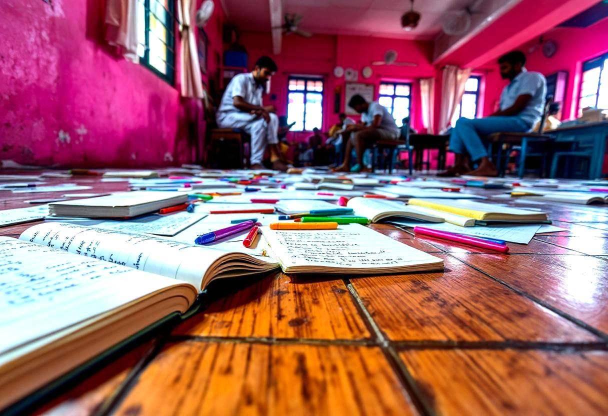 Scattered creative writing materials on a wood-look tile floor: open notebooks with handwritten dialogue drafts