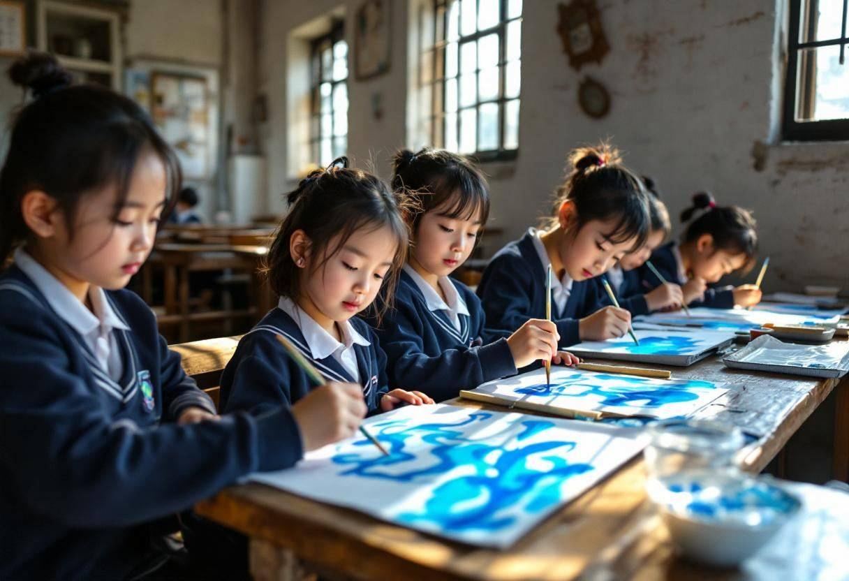 Small round-faced preteens ages 10 to 13 in navy blue school uniforms and white collared shirts