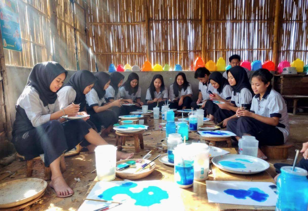Watercolor paint palettes with blue and turquoise pigments scattered across low wooden stools