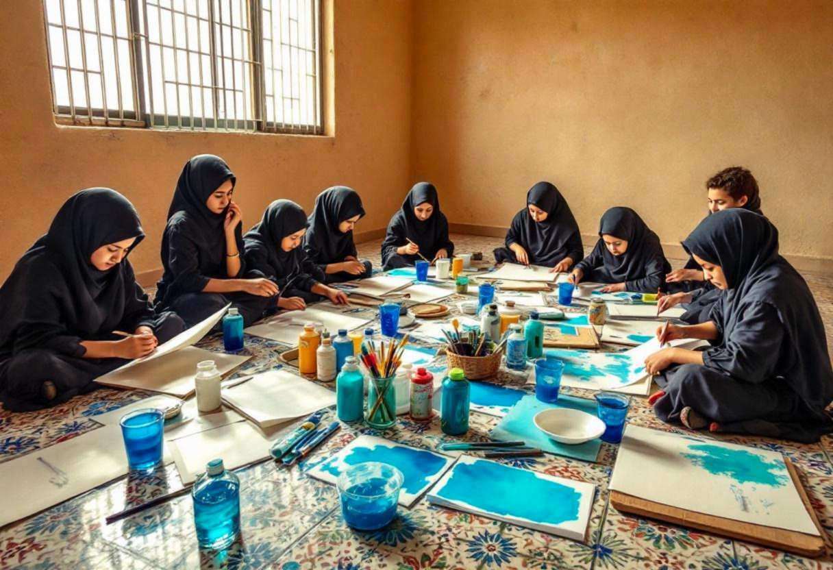 Art supplies for color field water painting scattered across a patterned tile floor in a Moroccan village classroom with