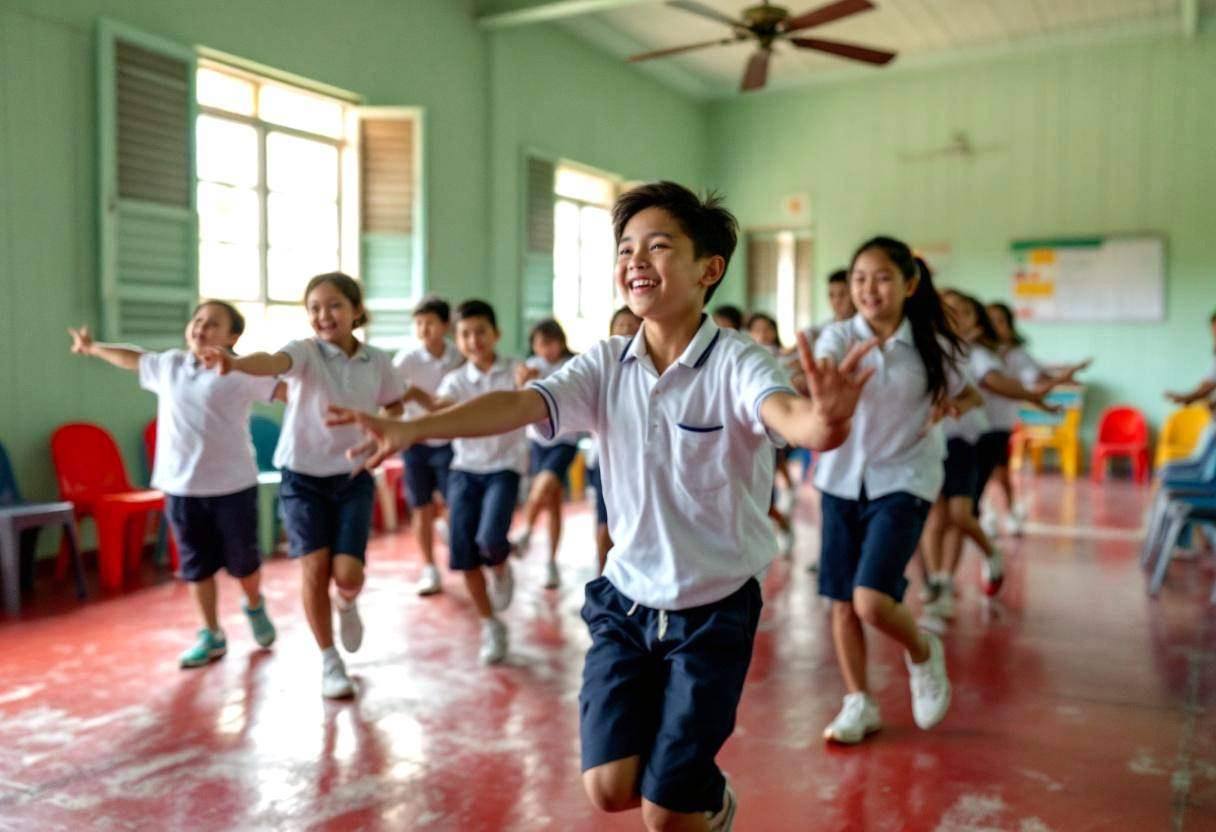 Small energetic preteens ages 10 to 13 in white polo shirts and navy shorts moving in dance formations across the classr