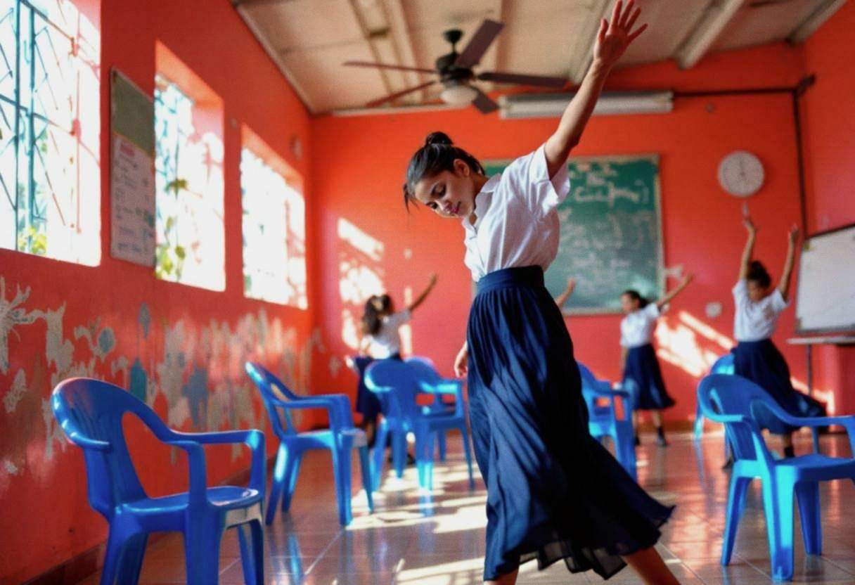 One round-faced twelve-year-old girl in a white cotton school blouse and navy blue pleated skirt moving gracefully with 