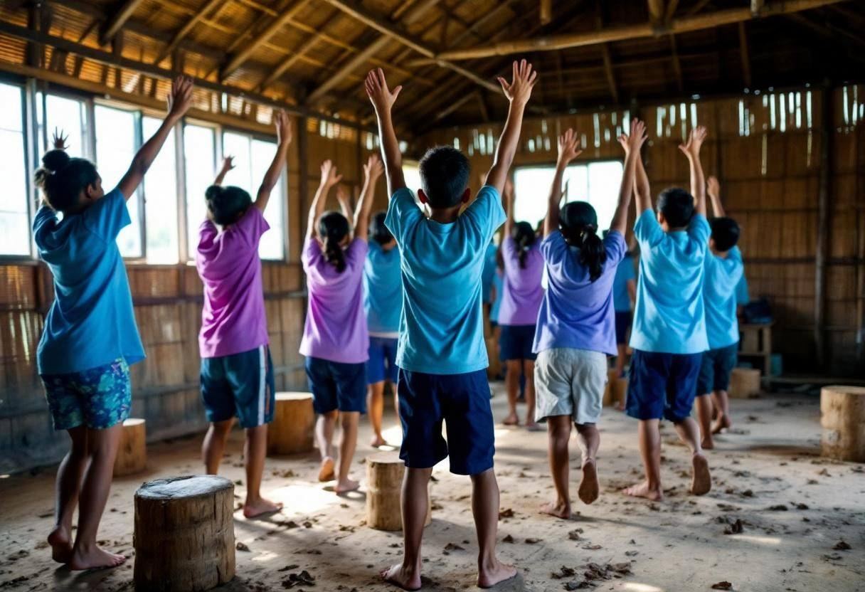 Small-statured preteens ages 10 to 13 in bright cotton t-shirts and shorts moving in dance formation with arms raised an