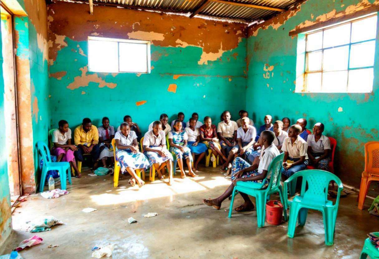 Corner of a rural West African classroom with turquoise-painted cinderblock walls showing peeling paint