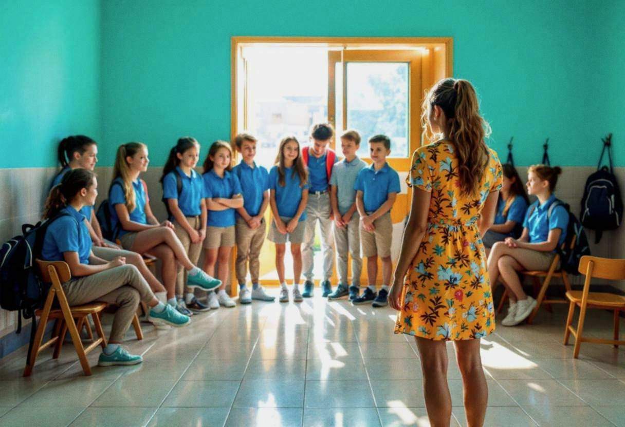 Female teacher in bright patterned cotton dress seen from behind leading ten middle-school preteens ages 10-13 in blue p