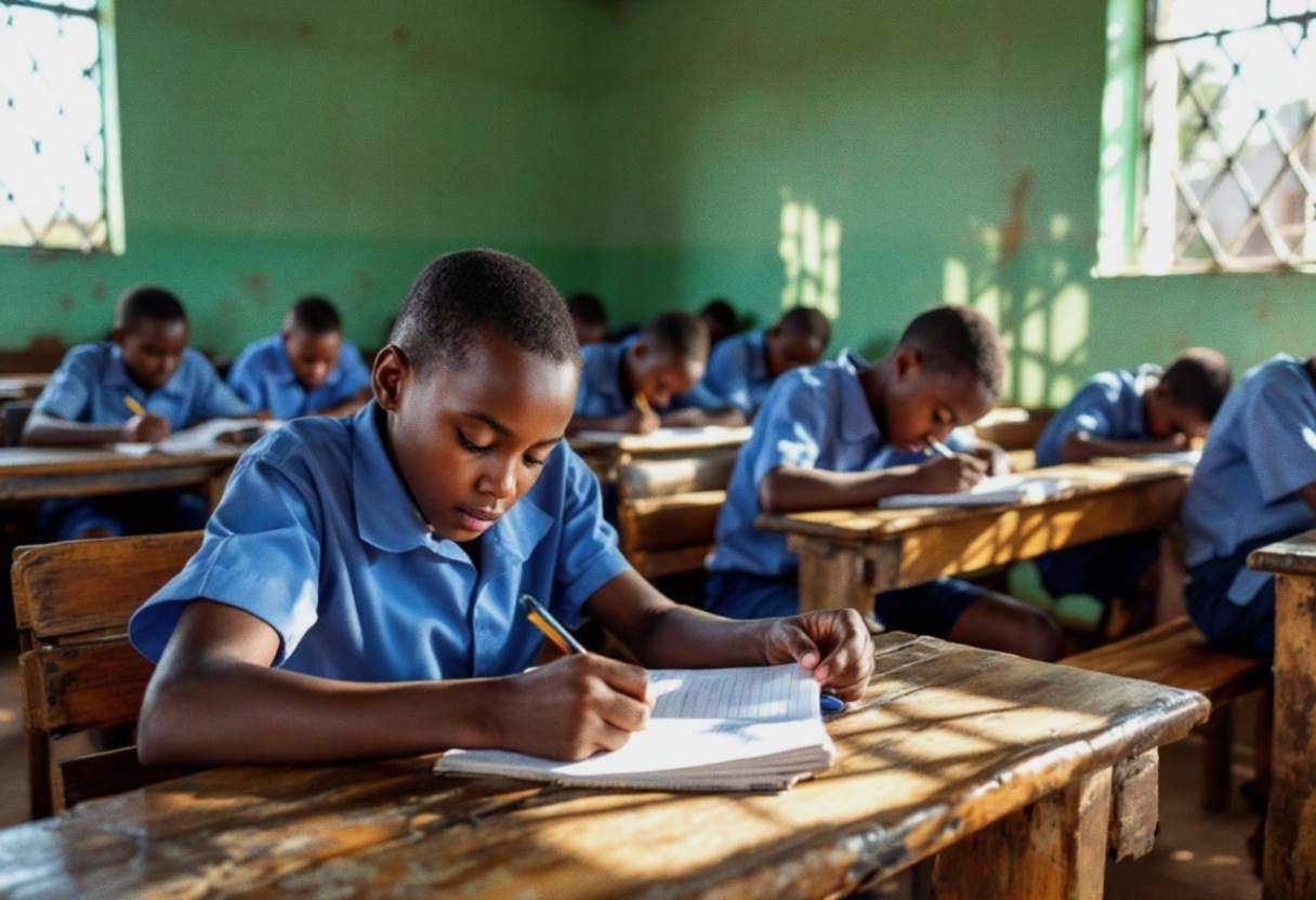 Small round-faced preteens ages 10 to 13 in blue cotton uniform shirts and navy shorts hunched over notebooks