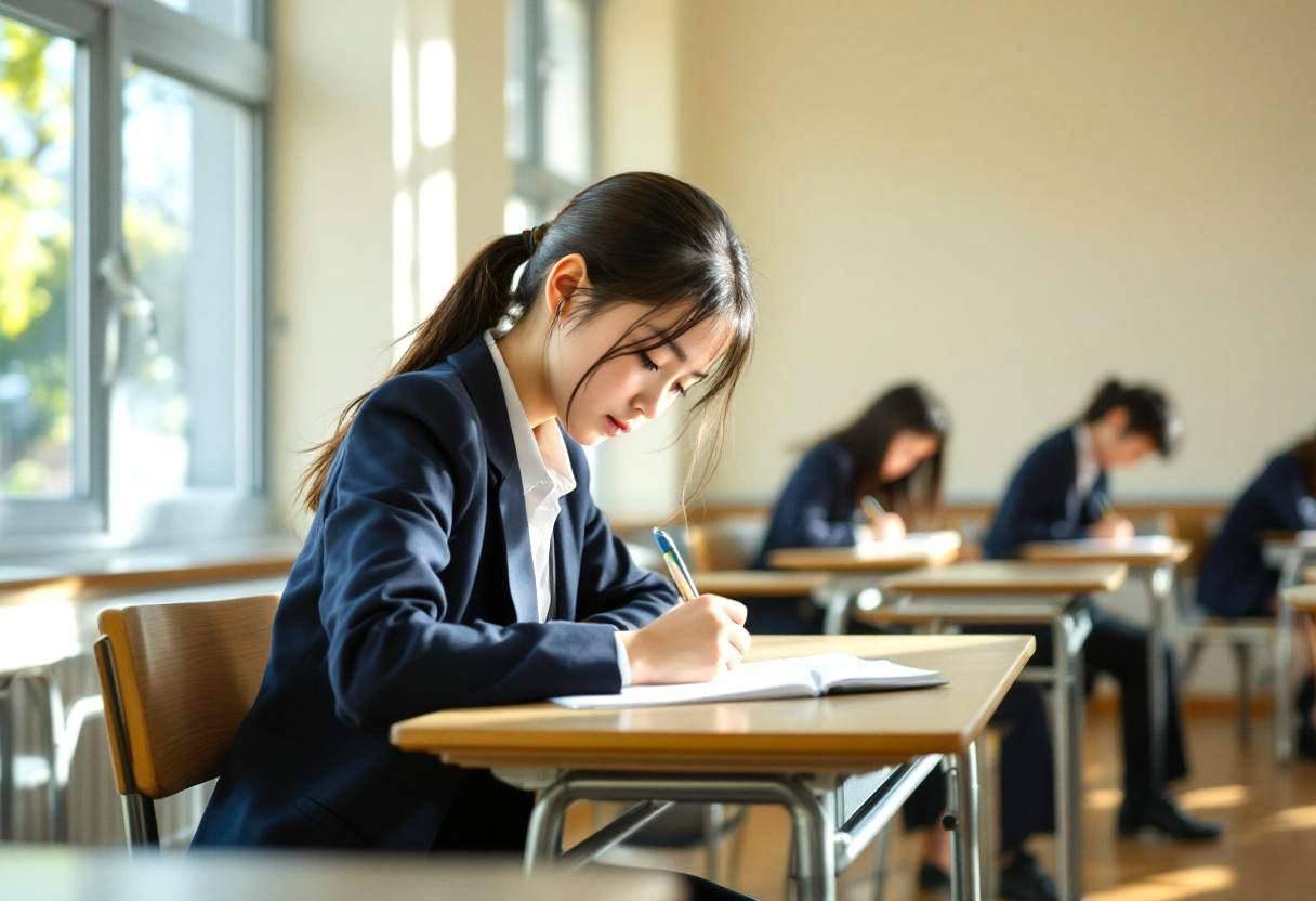 A preteen girl around eleven years old in a crisp navy blazer and white collared shirt