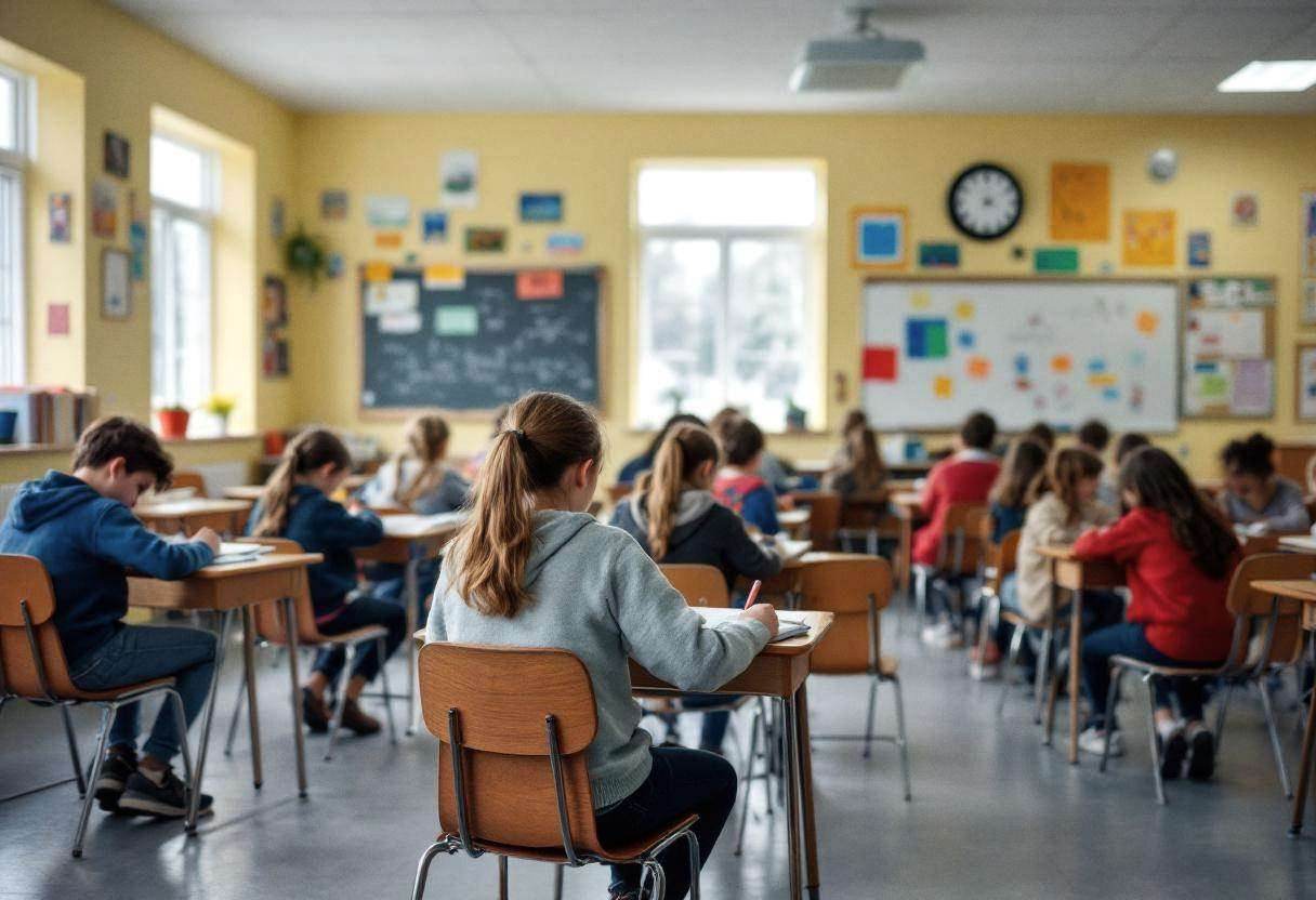 Small preteens ages 10 to 13 in colorful sweaters and jeans seated at wooden desks writing in notebooks