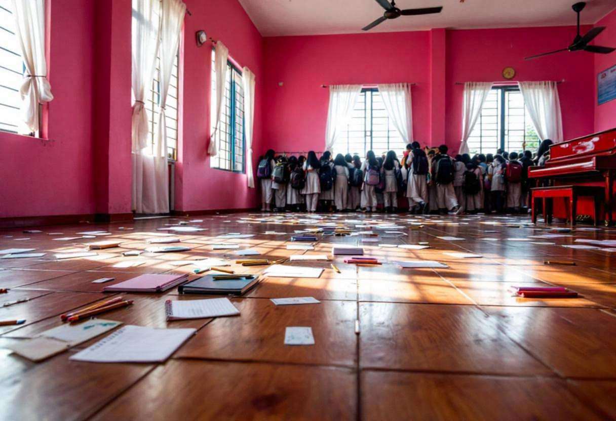 Writing notebooks and pencils scattered across wood-look tile floor in an Indian municipal school music room with vibran