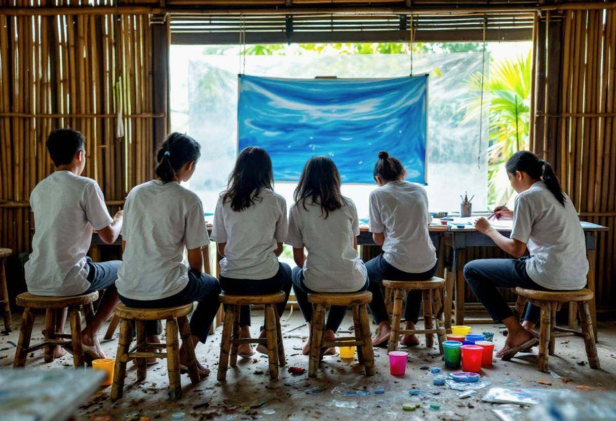Lanky teenagers ages 14 to 17 in simple cotton t-shirts and long pants painting at low wooden stools