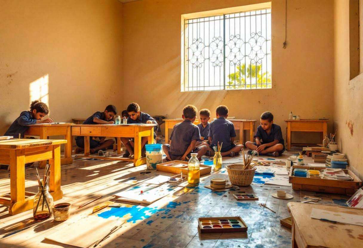 Art supplies scattered across patterned tile floor in a Moroccan village classroom with cream stucco walls
