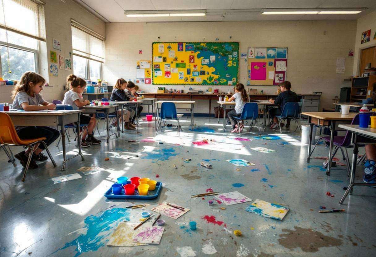 Art supplies scattered across a scratched vinyl-tile floor in a modest US public-school classroom with off-white cinderb