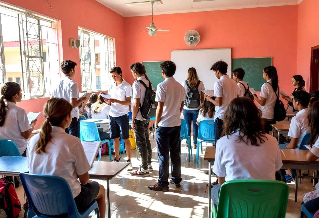 Lanky fourteen to seventeen-year-olds in white polo shirts and navy trousers performing readers theater