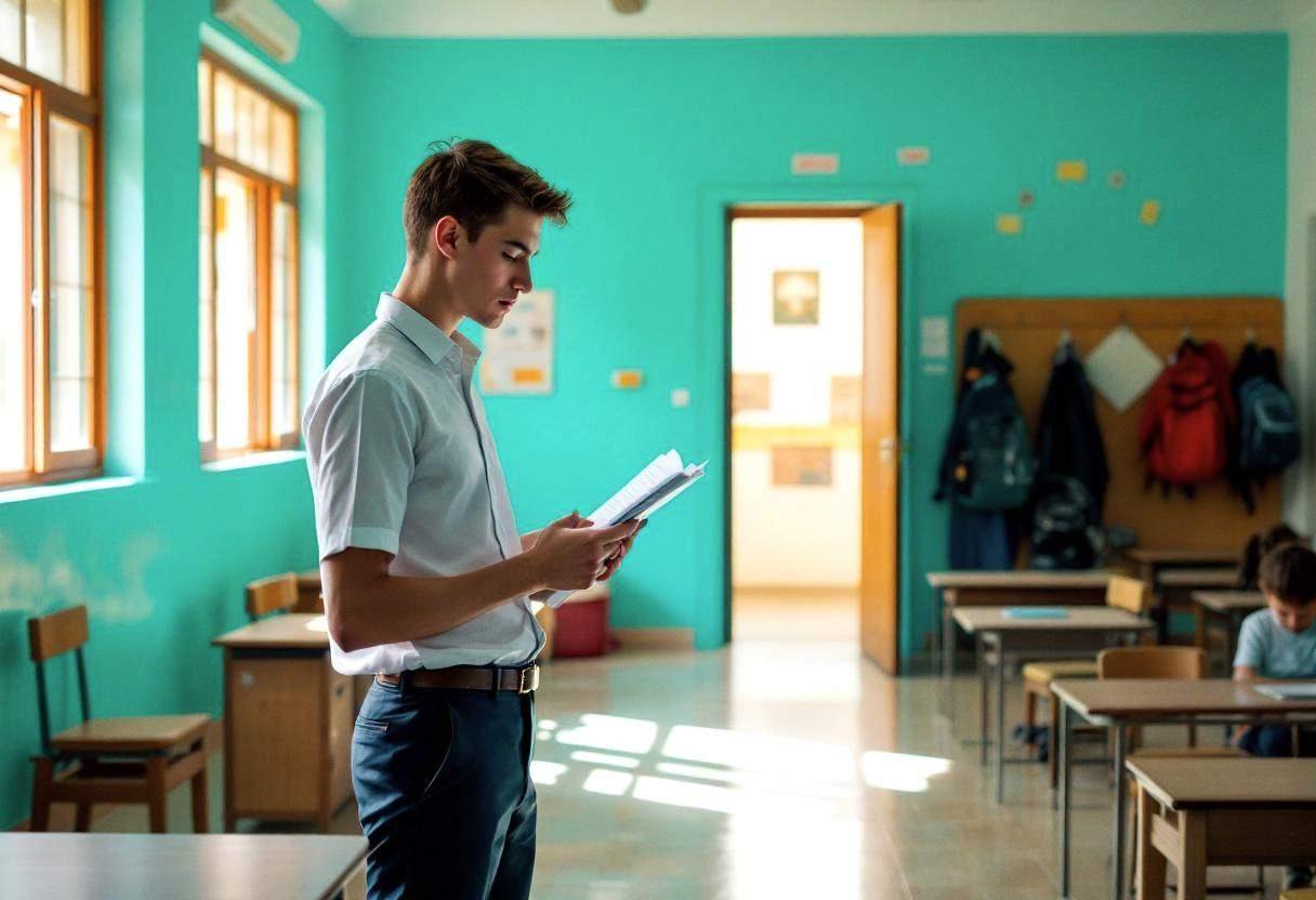 One lanky sixteen-year-old in a white cotton button-down shirt and dark trousers reading from a script page