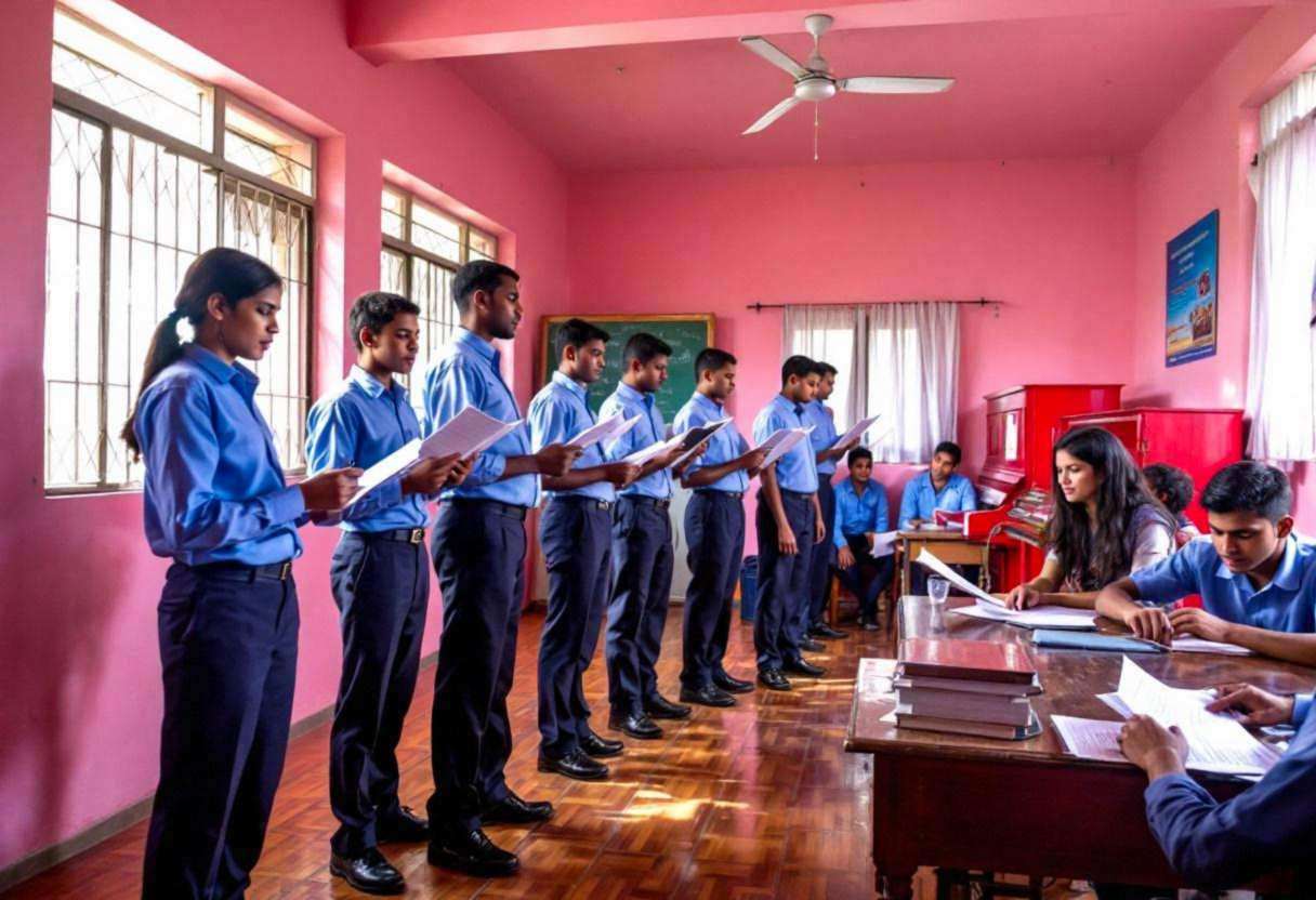 Lanky fourteen to seventeen-year-olds in blue uniform shirts and navy trousers performing readers theater scripts