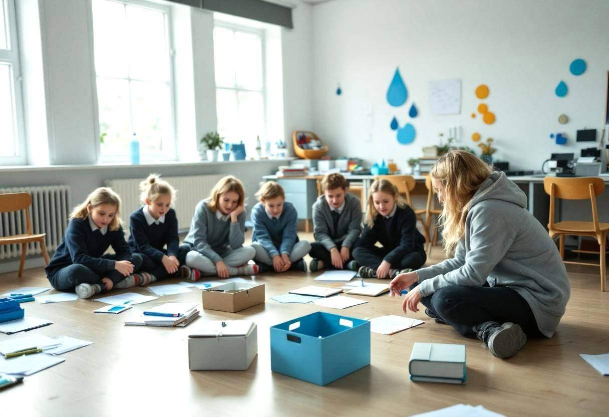 Drama scripts and water-themed props scattered across a pale birch classroom floor in a Scandinavian school room with si