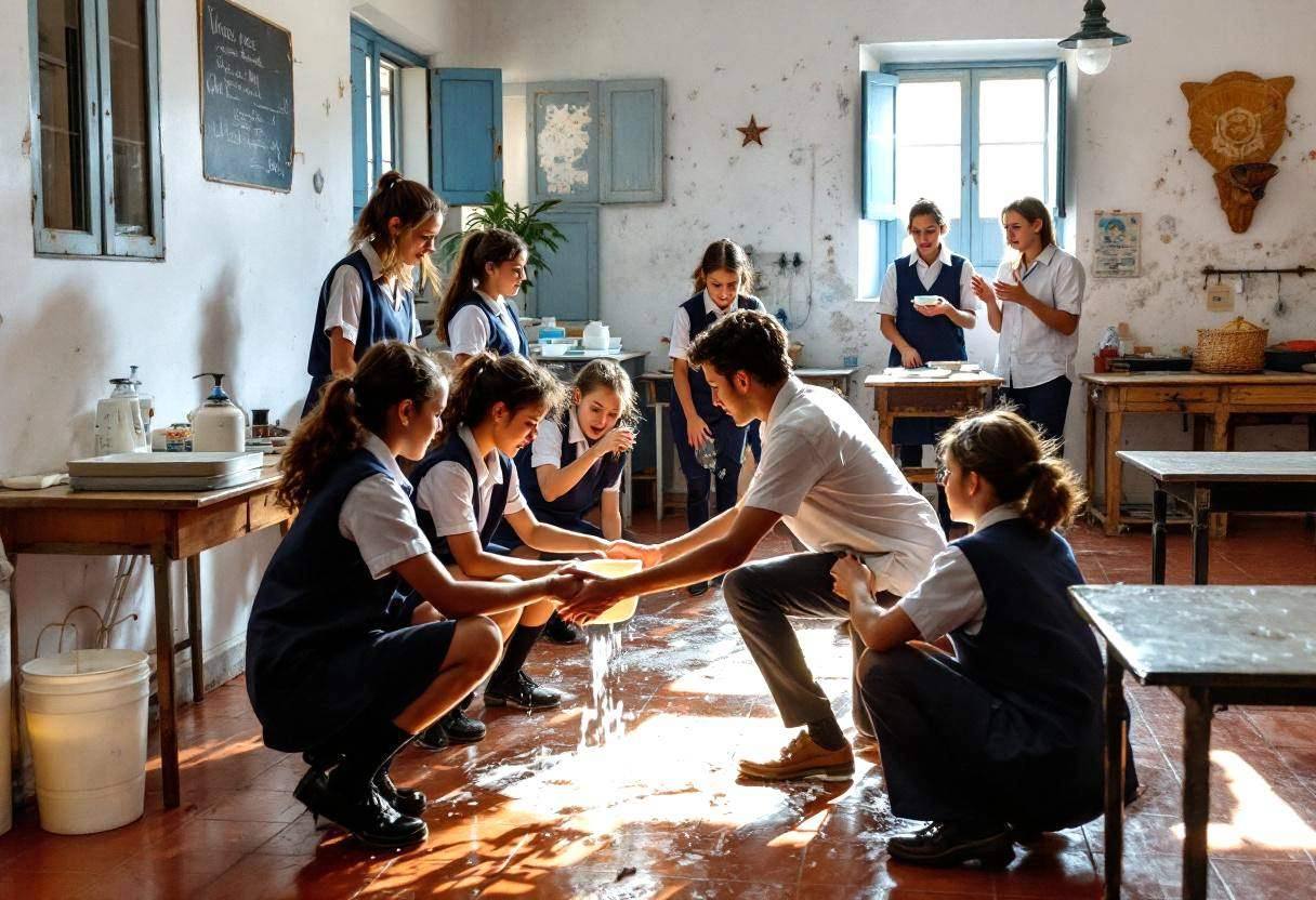 Middle-school-age preteens in navy school uniforms and white button-down shirts acting out water collection scenes