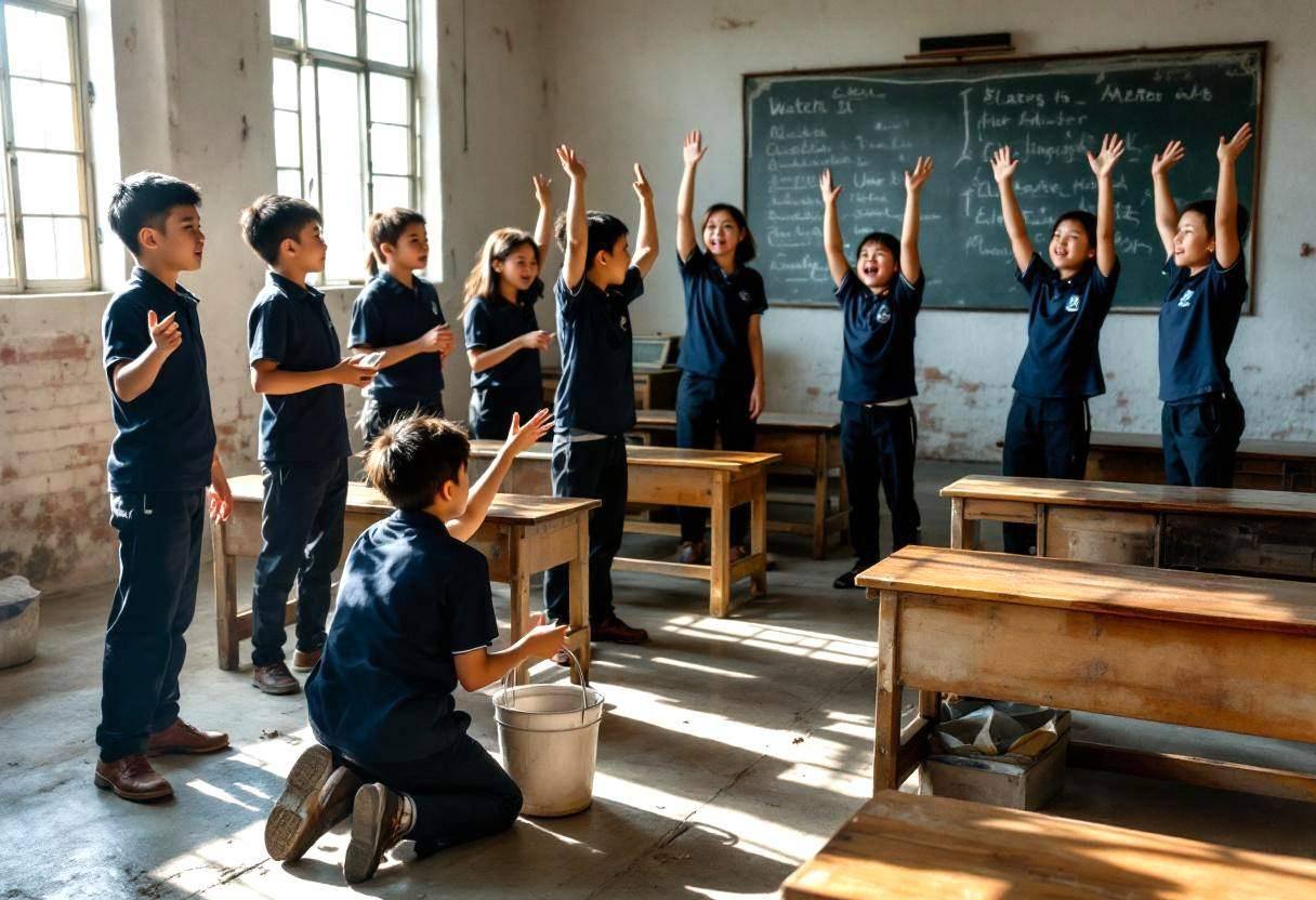 Small round-faced preteens ages 10 to 13 in navy blue polo shirts and dark trousers acting out water collection scenes