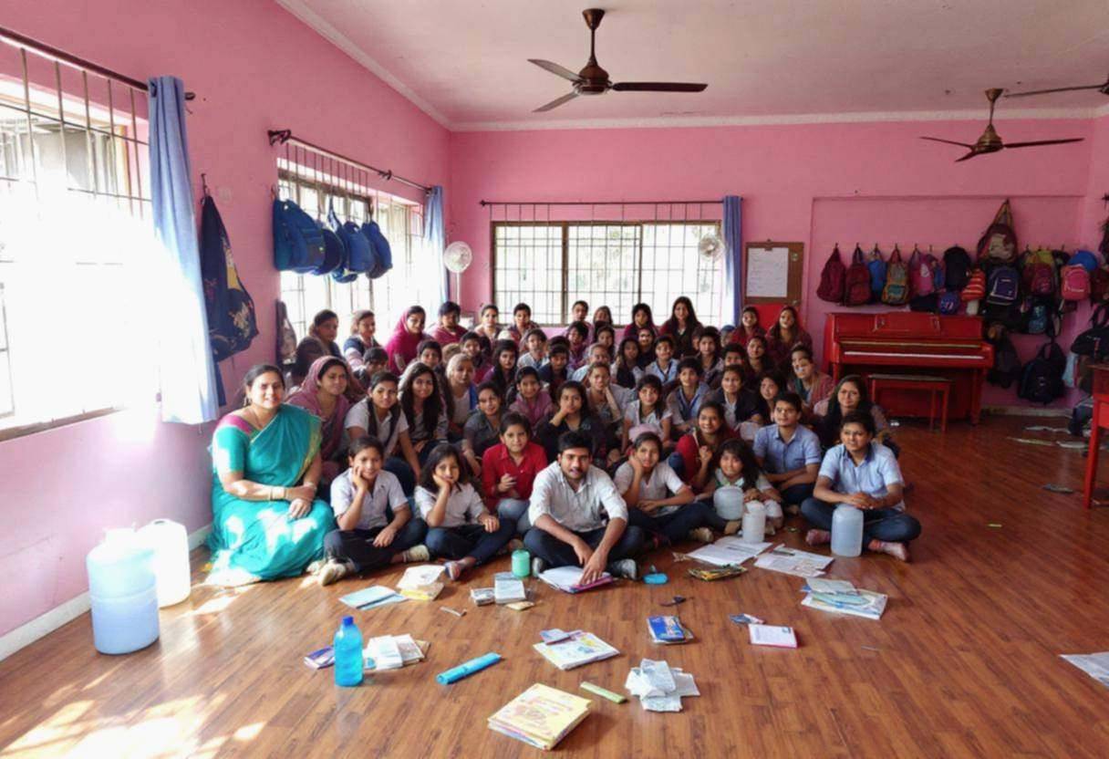Drama props and water containers scattered on wood-look tile floor in an Indian municipal school music room with vibrant