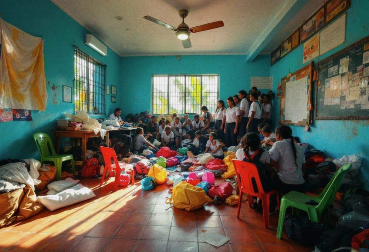 Drama props and costumes scattered across terracotta tile floor in Dominican Republic classroom with bright sky-blue wal