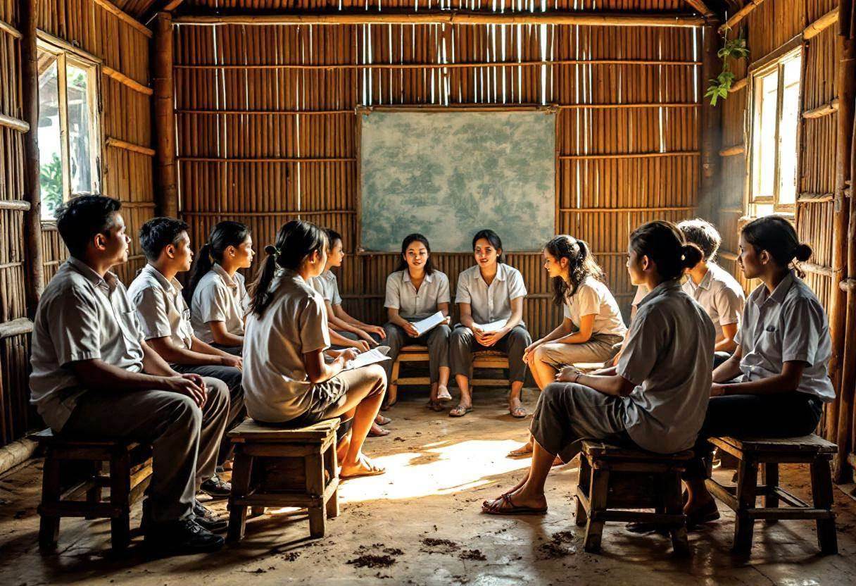 Lanky Indonesian teenagers ages 14 to 17 in simple cotton shirts and long trousers arranged on low wooden stools facing 
