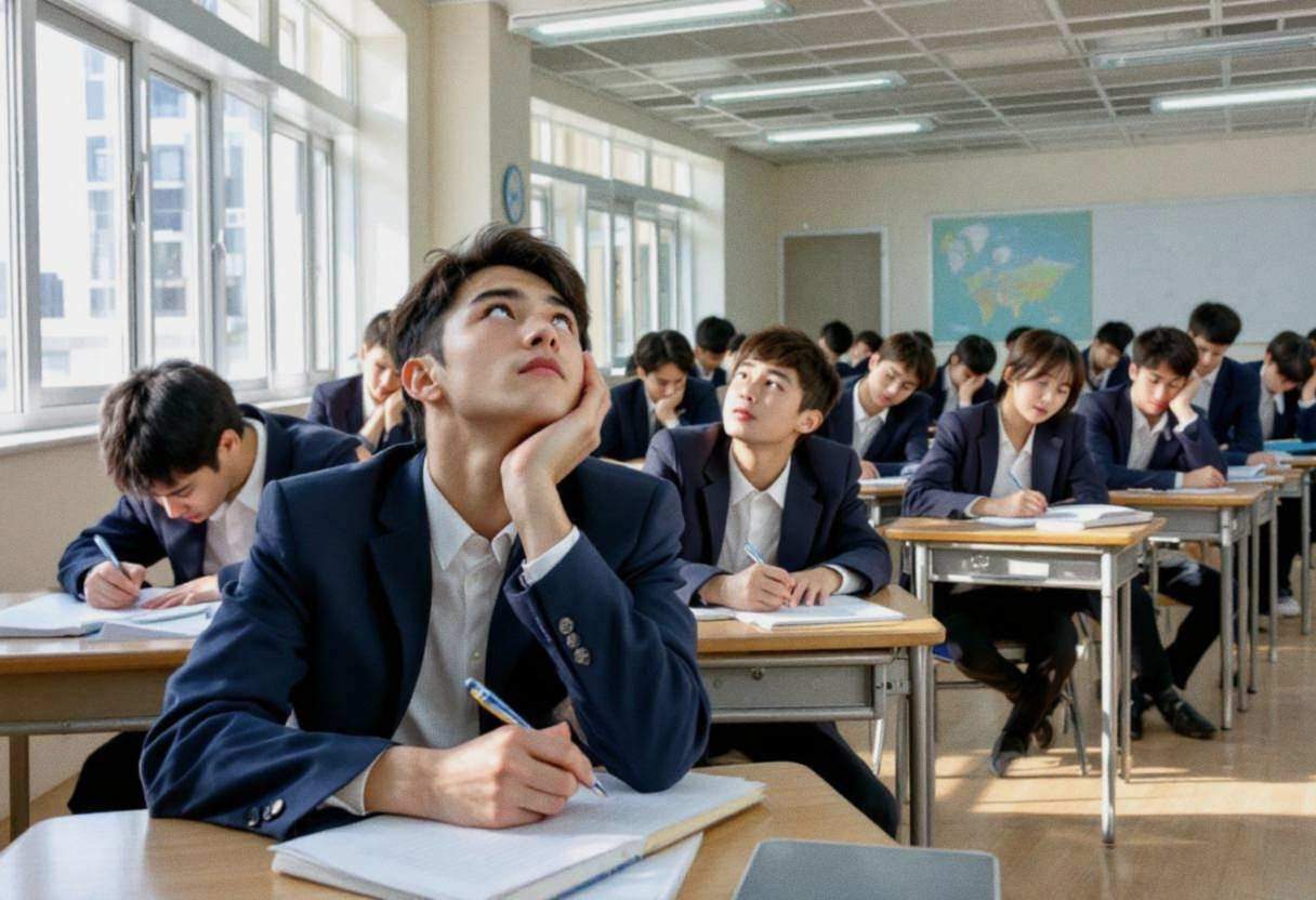 Lanky fourteen to seventeen-year-olds in navy blazers and white collared shirts bent over notebooks