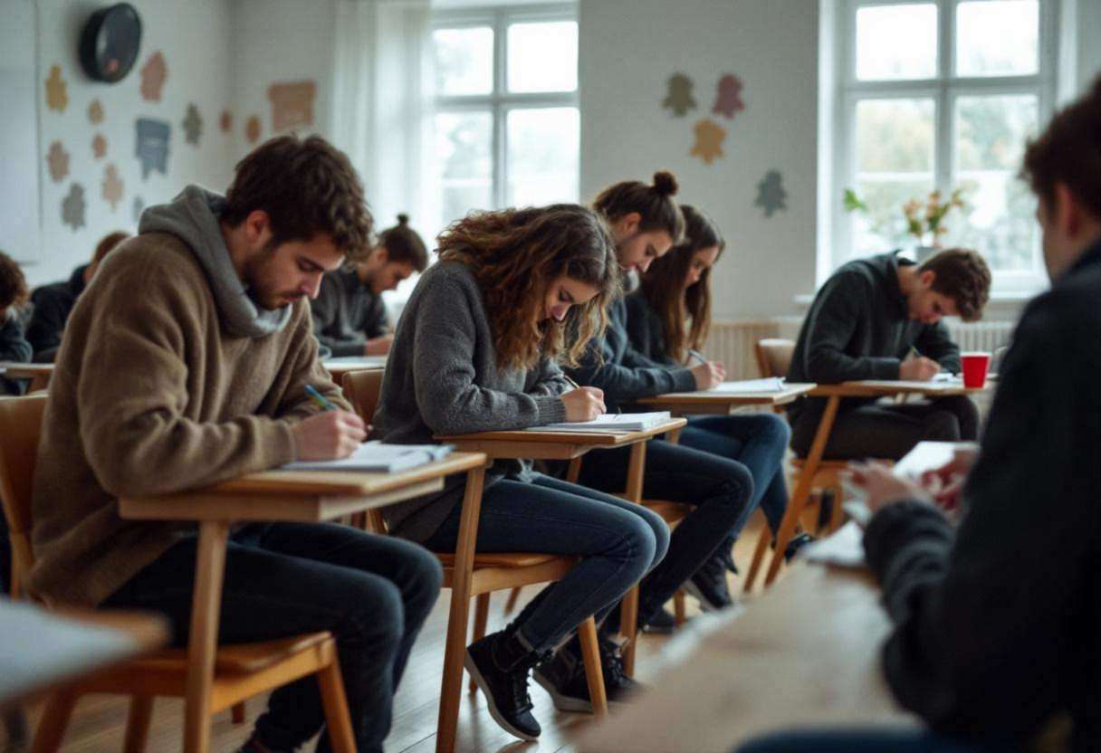 Lanky teenagers ages 14 to 17 in thick wool sweaters and dark jeans hunched over notebooks writing at mismatched wooden 
