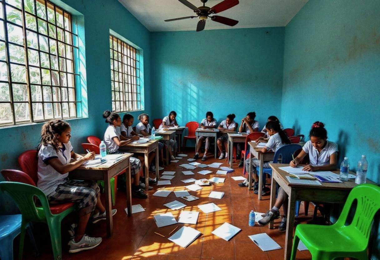 Creative writing notebooks and pencils scattered across a terracotta tile floor beside mixed green and red plastic chair