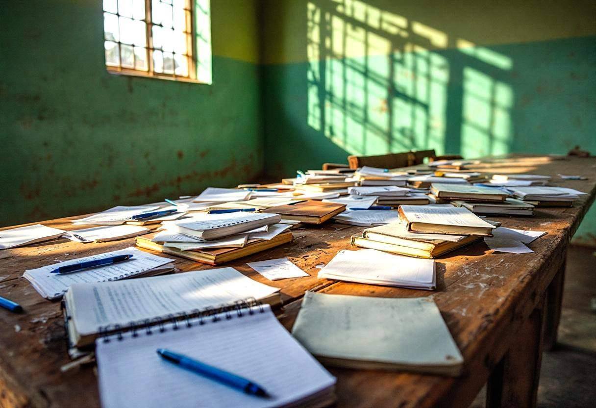 Scattered notebooks with handwritten essays