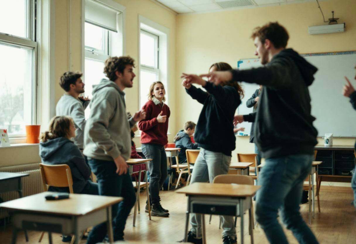 Lanky teenagers ages 14 to 17 in casual sweaters and jeans performing dramatic gestures and movements mid-scene in a sma