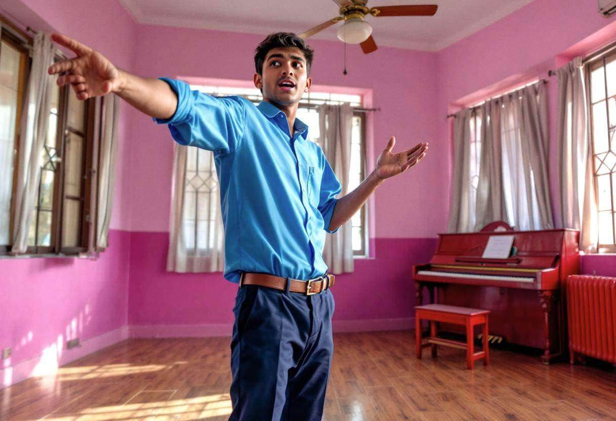 Lanky seventeen-year-old boy in blue button-down uniform shirt and navy trousers mid-gesture during drama exercise