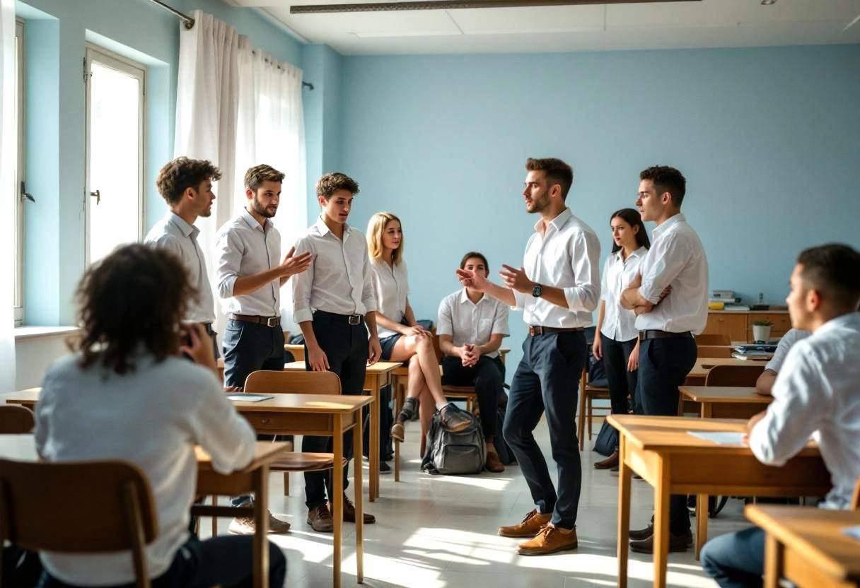 Lanky teenagers ages 14 to 17 in white button-down shirts and dark trousers acting out workplace scenarios in small grou