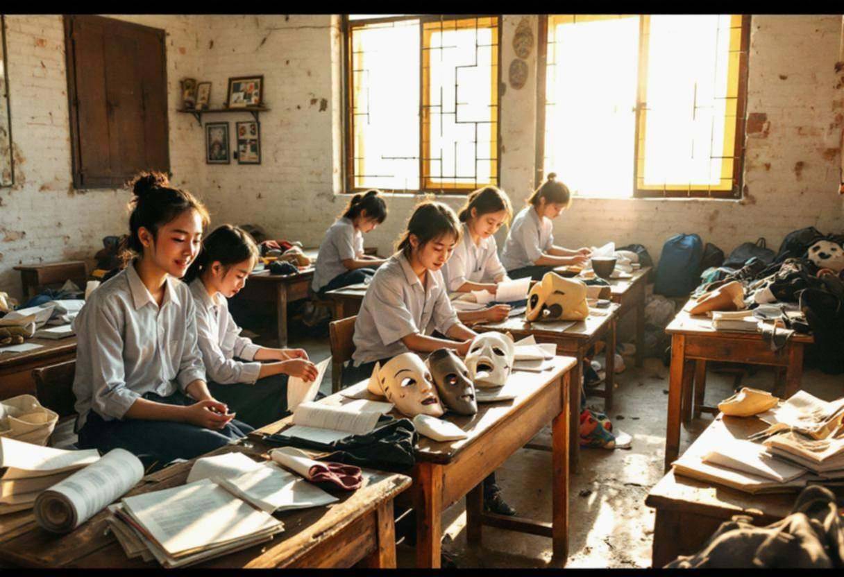 Drama props scattered on wooden benches in a rural Chinese village classroom